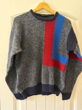 Vintage 100%  Wool Sweater with Blue and Red accents
